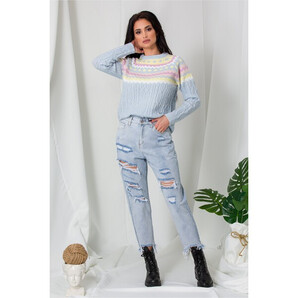 Blugi Dara albastri cu rupturi si talie inalta