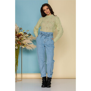 Blugi Ferny albastru deschis cu talia inalta si incretita