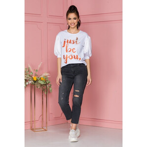 Blugi Joey gri cu talia inalta si aspect uzat