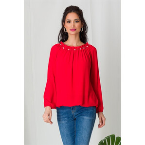 Bluza Kari rosie din voal cu perlute la decolteu