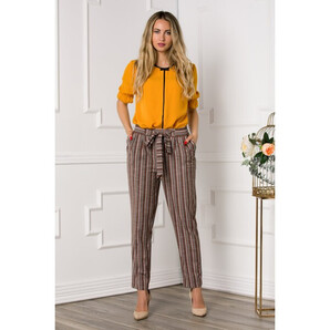 Pantaloni cu imprimeu in dungi gri-maro si cordon in talie