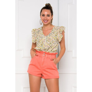 Pantaloni scurti orange din denim cu elastic in talie