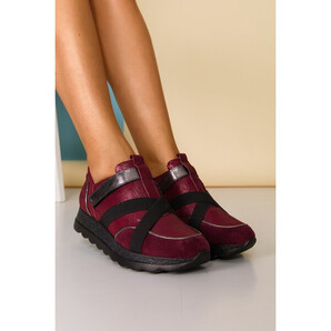 Pantofi sport bordo cu benzi elastice decorative si sclipici pe talpa