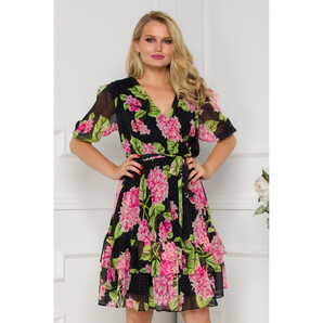 Rochie Anisia neagra cu imprimeuri florale roz