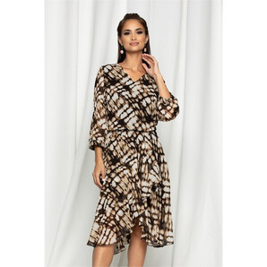 Rochie Bella maro cu imprimeuri si desgin petrecut pe fusta