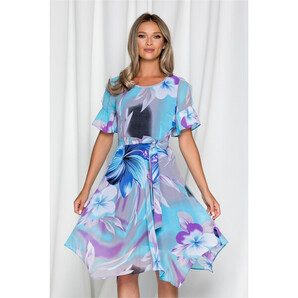 Rochie Cassie gri cu imprimeu floral bleu