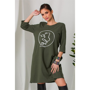 Rochie Dara kaki cu imprimeu pe bust si benzi decorative la baza pe lateral