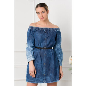 Rochie din denim cu umerii goi si maneci reglabile