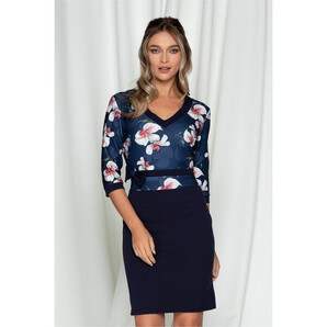 Rochie Dora bleumarin cu imprimeuri florale la bust