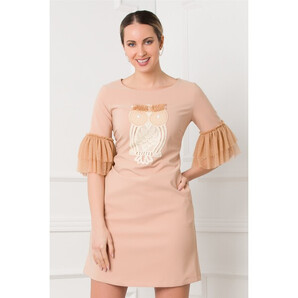 Rochie LaDonna camel cu broderie bufnita si insertii din tull