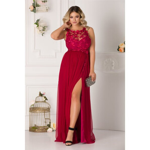 Rochie Leonard Collection bordo cu dantela la bust si fusta din matase