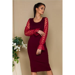 Rochie Mira bordo cu maneci din tull cu buline catifelate