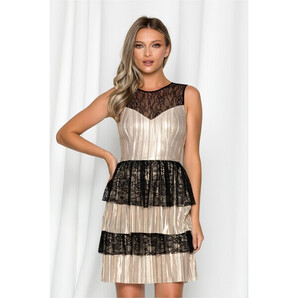 Rochie Sonia aurie cu dantela neagra si volane