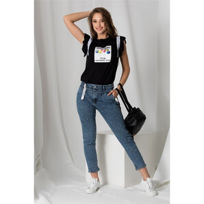 Blugi albastri cu perlute si pliuri in talie