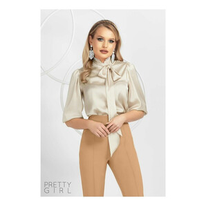 Bluză Pretty Girl bej cu imprimeu picior de cocos cu eșarfa detasabila
