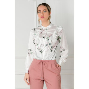 Bluza alba cu imprimeuri florale si volanase la bust