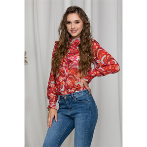 Bluza Carina rosie cu imprimeuri si volanase