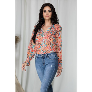 Bluza Carina roz piersica cu imprimeuri si volanase