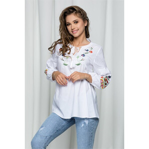 Bluza Delia alba tip ie accesorizata cu flori brodate