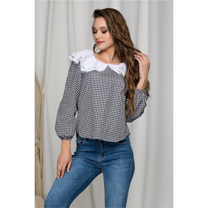 Bluza Delia in carouri negre si guler maxi cu volane