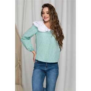 Bluza Delia in carouri verzi si guler maxi cu volane