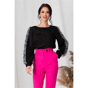 Bluza Dora neagra cu franjuri gri pe maneci