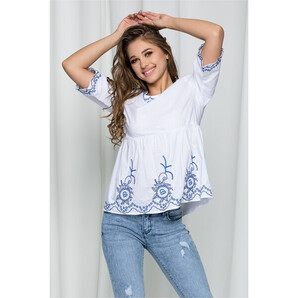 Bluza Eda alba accesorizata cu broderie albastra
