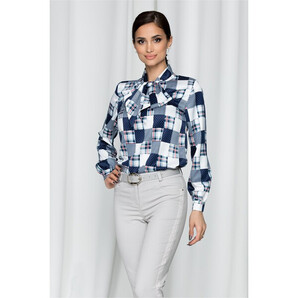 Bluza Ella Collection Bella bleumarin cu guler tip esarfa si carouri