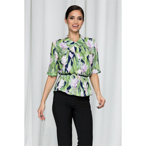 Bluza Flavia verde cu imprimeu floral si pliu frontal