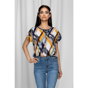 Bluza Gabrielle alba cu maneci scurte si imprimeu geometric galben mustar