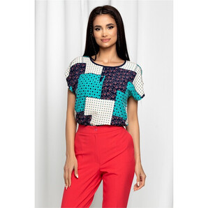 Bluza Gabrielle turcoaz cu maneci scurte si imprimeu geometric bleumarin