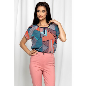Bluza Gabrielle turcoaz cu maneci scurte si imprimeu geometric corai