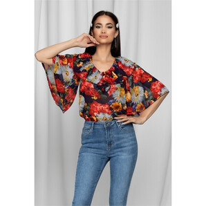 Bluza Hildegard bleumarin cu decolteu in v accesorizat cu volan si imprimeu floral