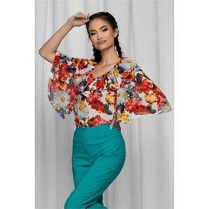 Bluza Hildegard ivory cu decolteu in v accesorizat cu volan si imprimeu floral