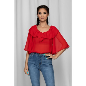 Bluza Hildegard rosie cu decolteu in v accesorizat cu volan