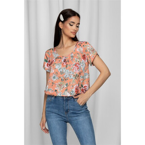 Bluza LaDonna orange cu imprimeu floral si design cu pliuri la bust