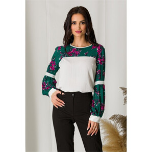 Bluza Moze alb cu verde cu imprimeuri florale fucsia