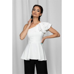 Bluza Moze alba cu peplum si volan pe umar