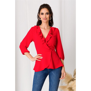 Bluza Rona rosie cu volanase la decolteu si peplum in talie