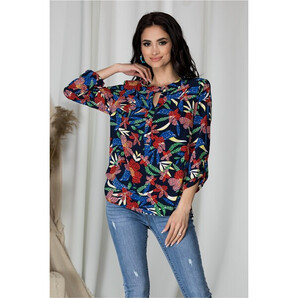 Bluza Sibbil bleumarin cu imprimeu floral rosu mozaic