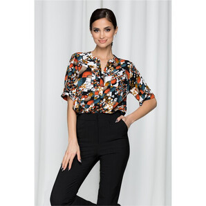 Bluza Vanessa alba cu imprimeuri caramizii si curea in talie