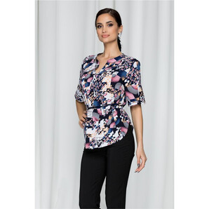 Bluza Vanessa alba cu imprimeuri roz-bleumarin si curea in talie