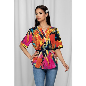 Bluza Vanessa bleumarin cu imprimeu roz-portocaliu si curea in talie