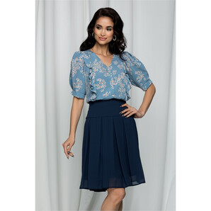 Camasa Alina bleu cu imprimeu floral accesorizata cu volane