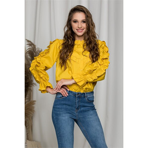 Camasa Bella galbena cu aplicatii din dantela si baza manecilor clopot