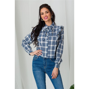 Camasa casual cu carouri bleumarin si volanase