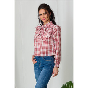 Camasa casual cu carouri bordo si volanase