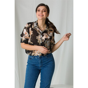 Camasa Darina neagra cu imprimeuri florale bej