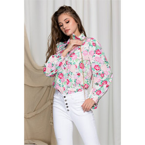 Camasa Denisse alba cu trandafiri roz si buline