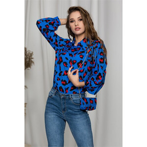 Camasa Denisse albastra cu imprimeu animal print si accesoriu